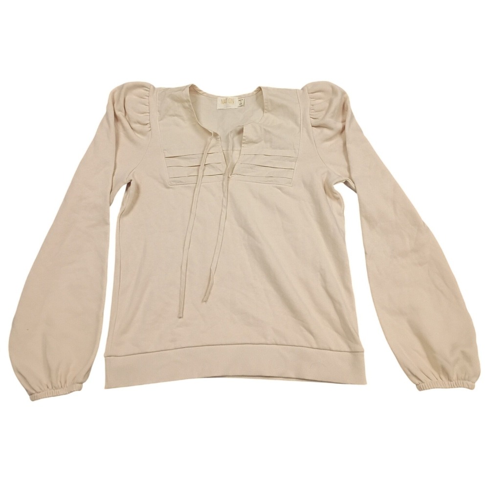 Nation LTD Sweatshirt Womens Small Cream Puff Sleeve Split Neck Cotton